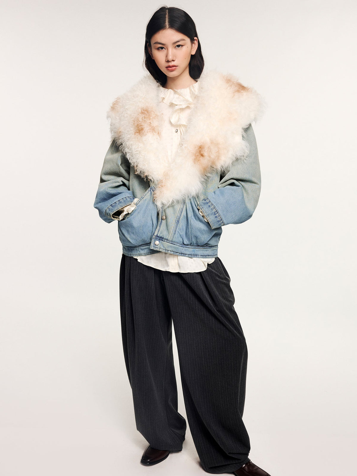 Denim bomber jacket with toscana shearling