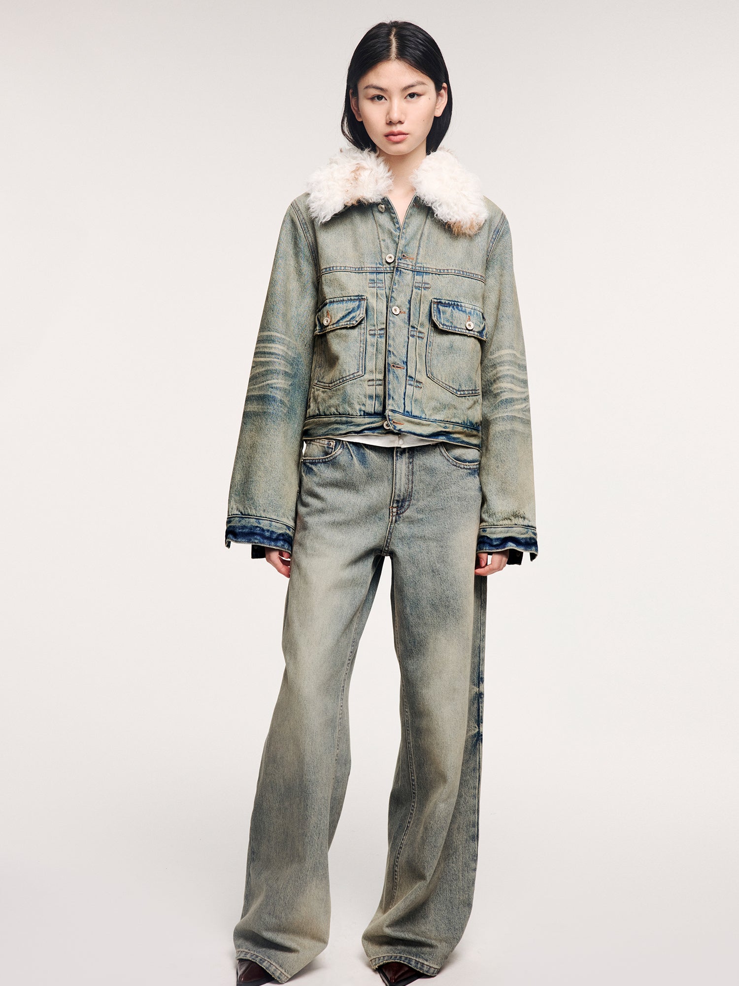 Denim cotton padded jacket with wool collar