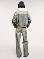 Denim cotton padded jacket with wool collar