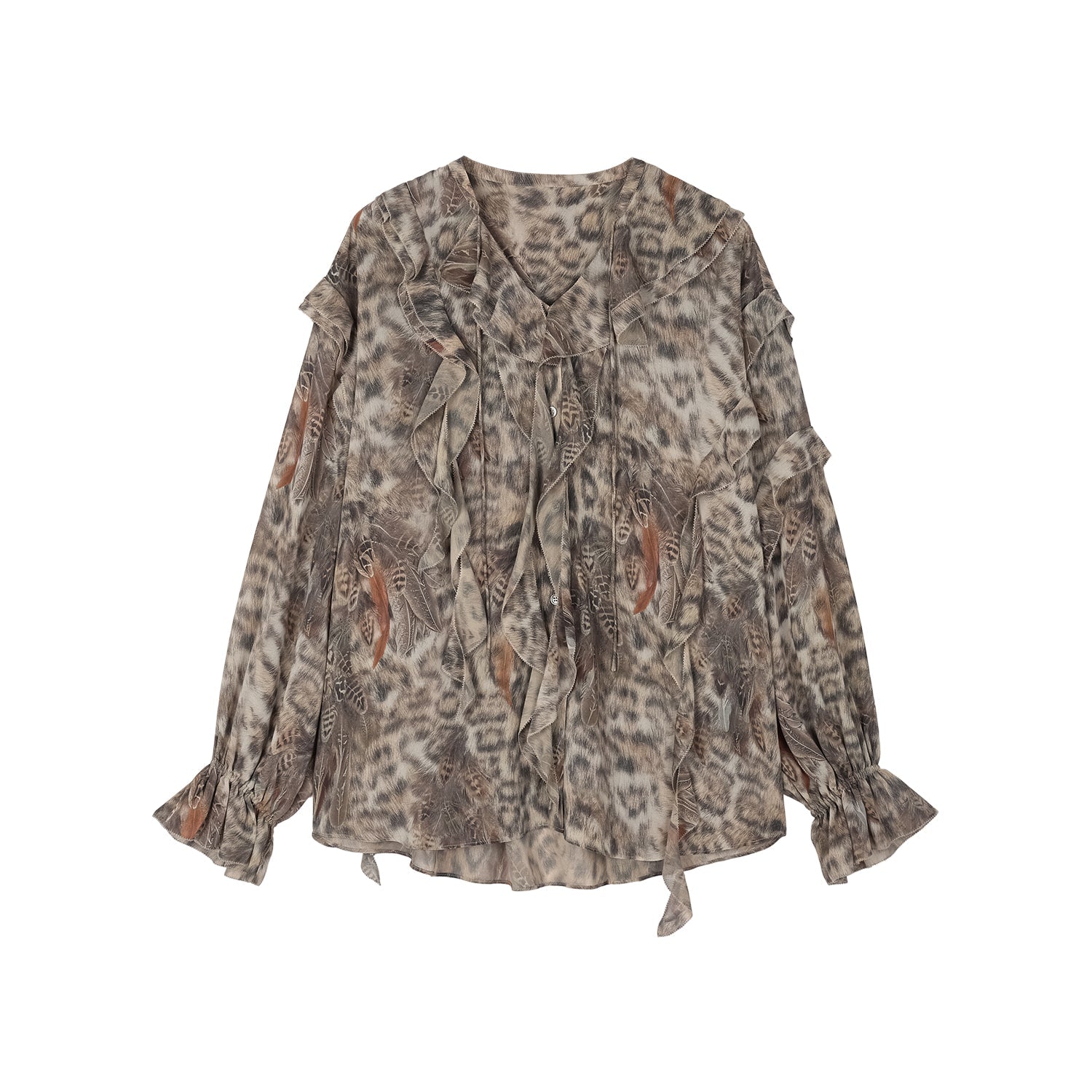 Feather & leopard ruffled collar shirt