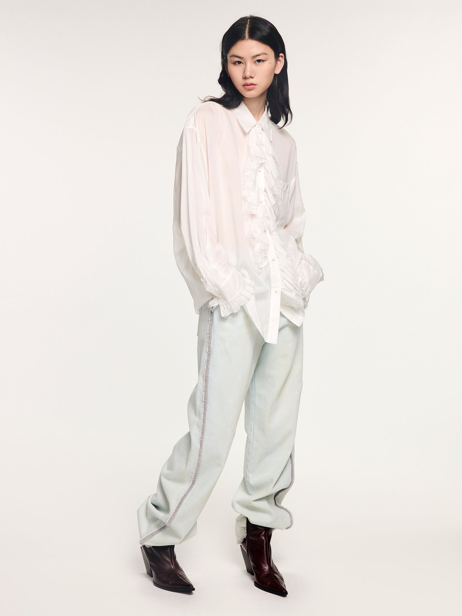 Classical ruched lace shirt