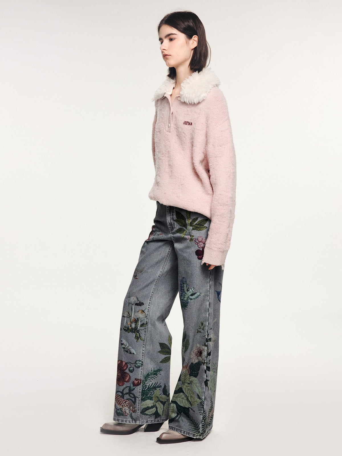 Fuzzy polo collar pullover sweater