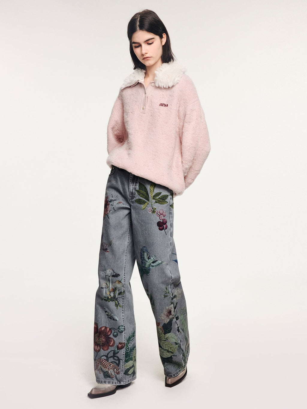 Fuzzy polo collar pullover sweater