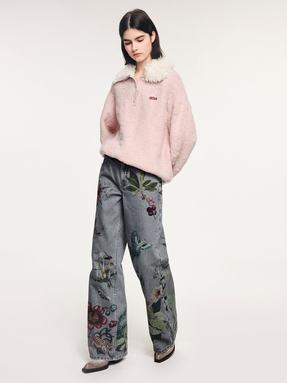Fuzzy polo collar pullover sweater