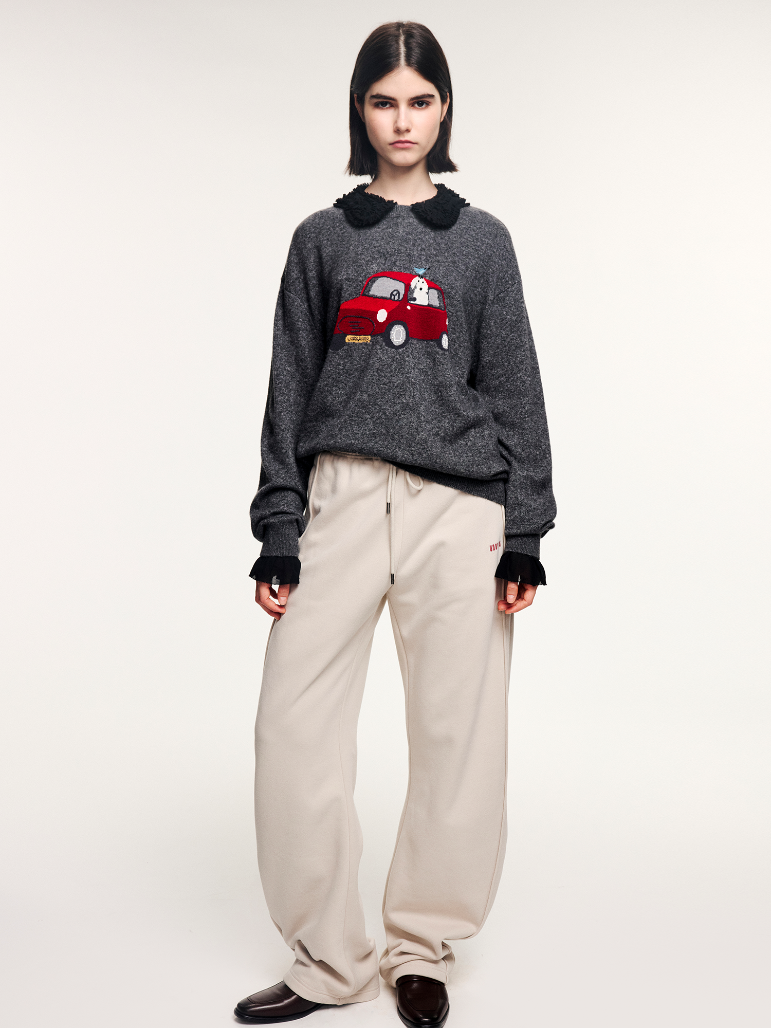 Traveling puppy print colorblock pullover