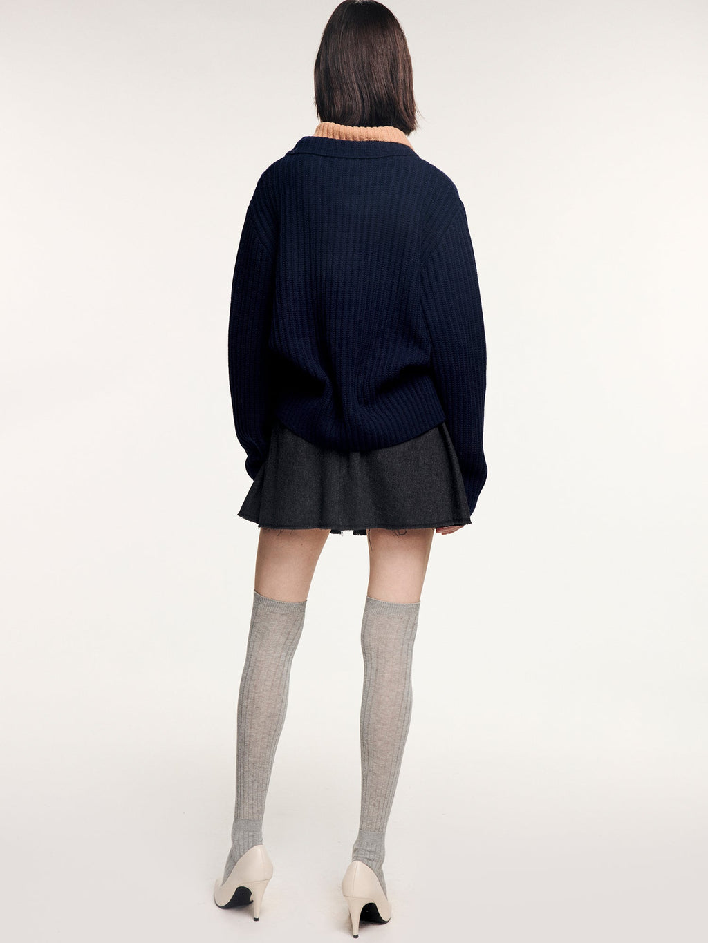Vintage layered-look polo collar pullover knit