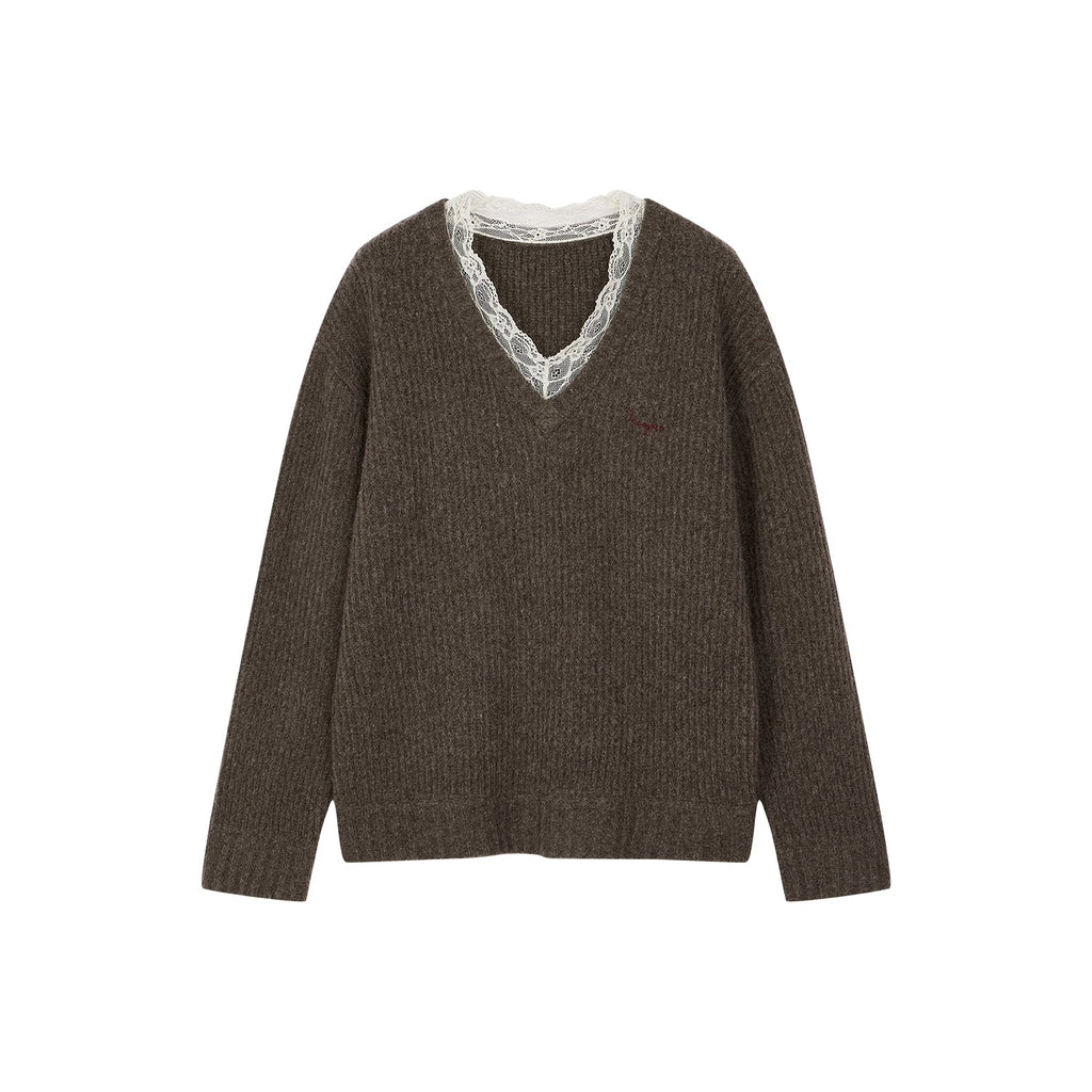 V-neck pullover with lace panels