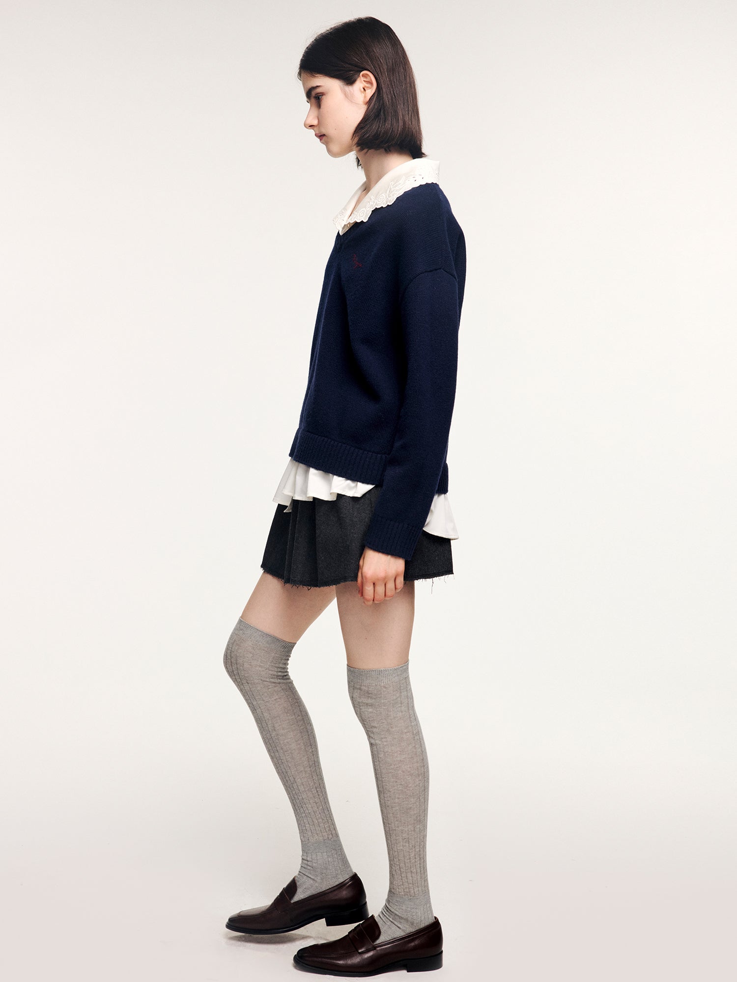 V-neck layered-look pullover with shirt detail