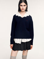 V-neck layered-look pullover with shirt detail