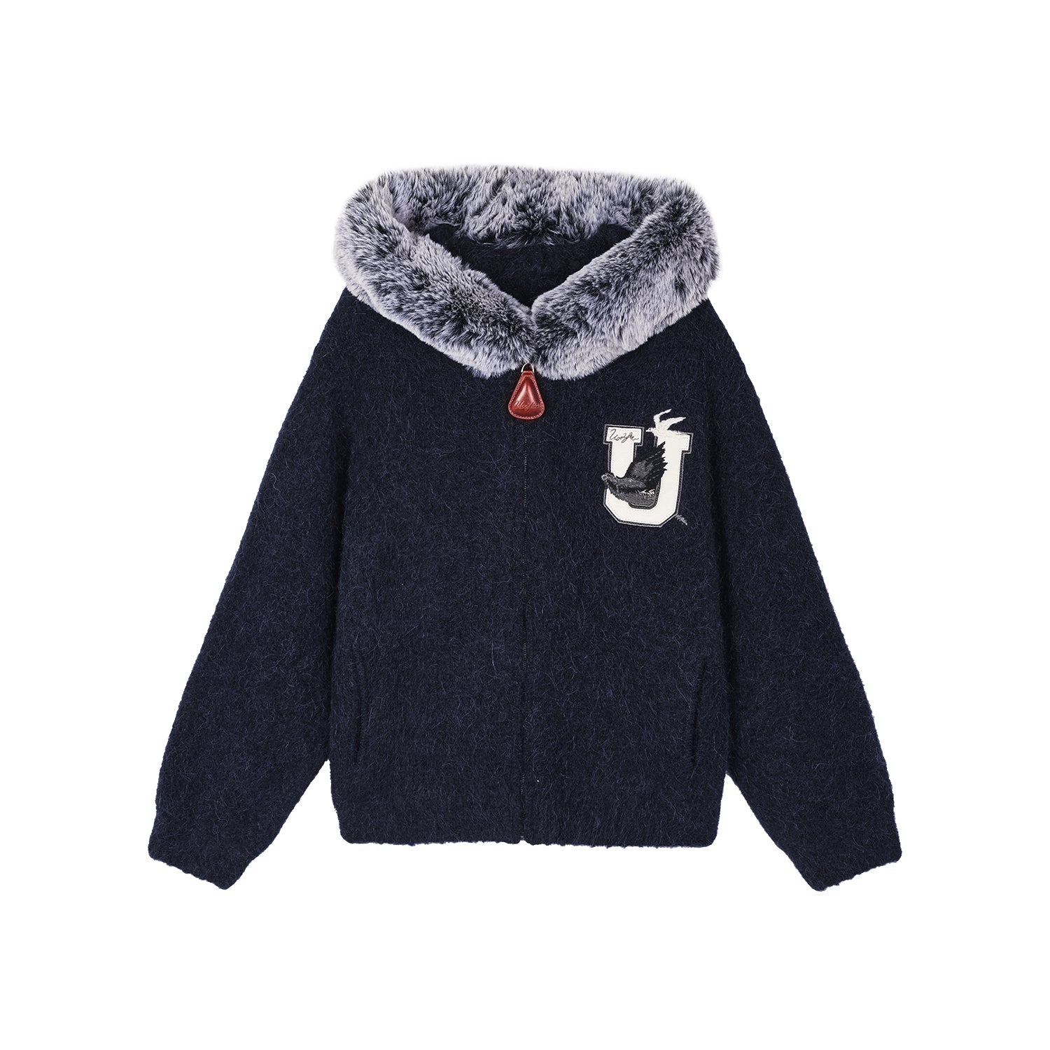 Fuzzy collar zip-up knit cardigan