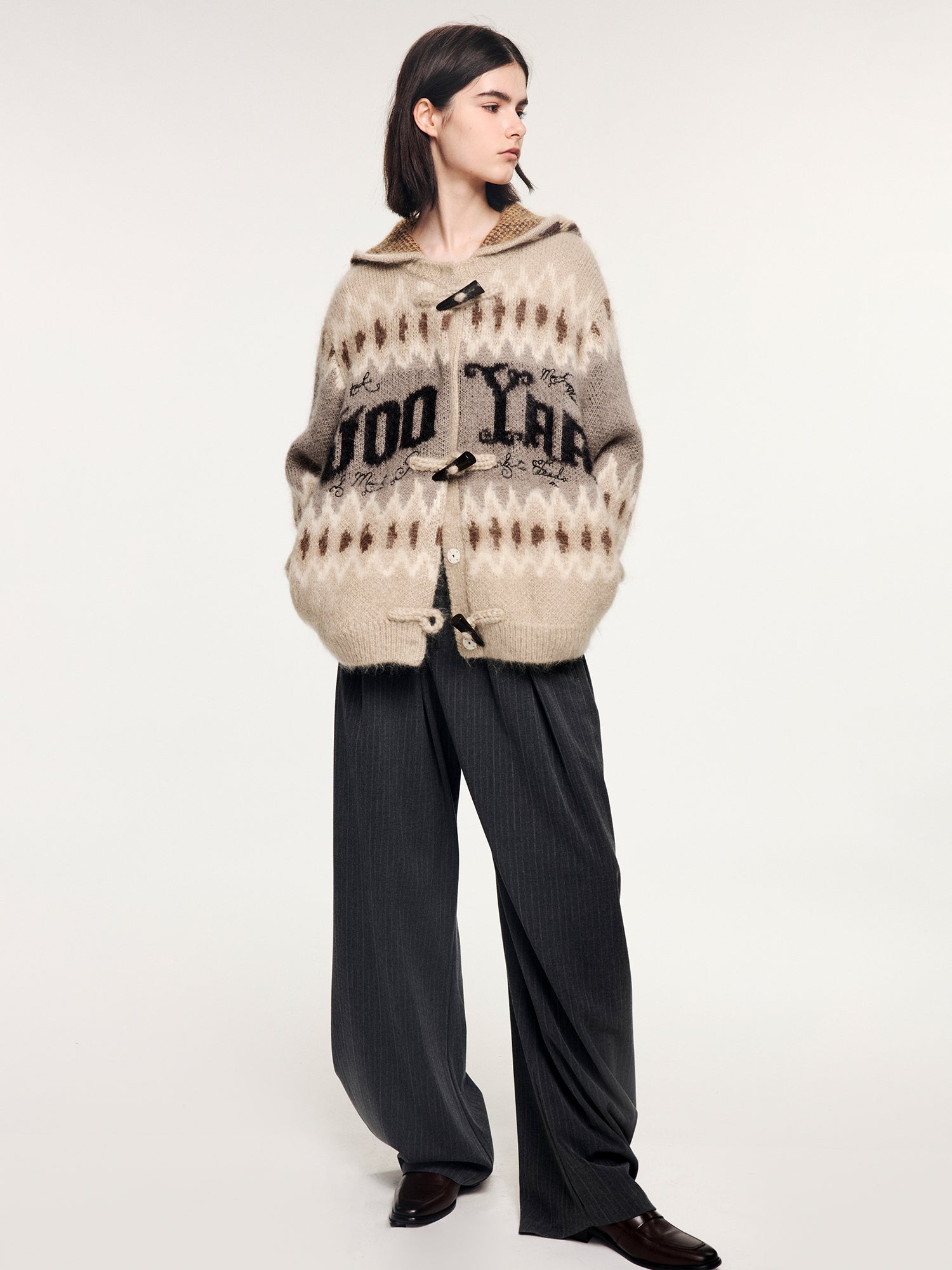 Fair isle hooded knit cardigan
