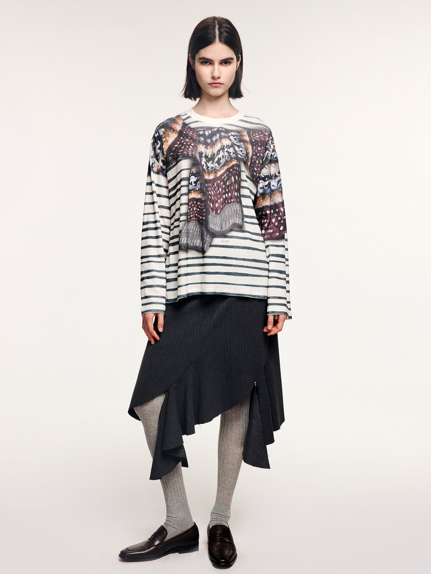 Knit shawl print long sleeve t-shirt