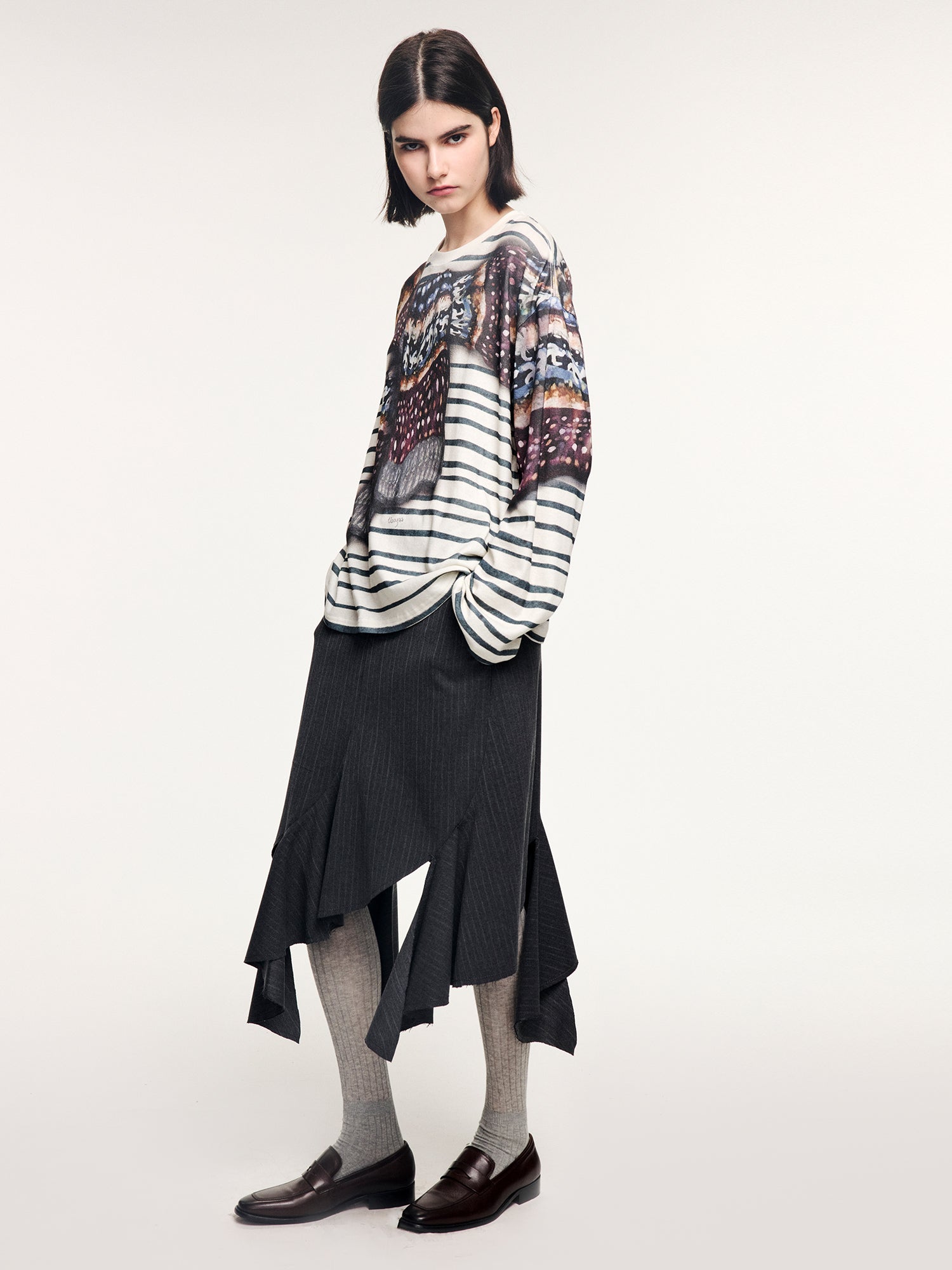 Knit shawl print long sleeve t-shirt