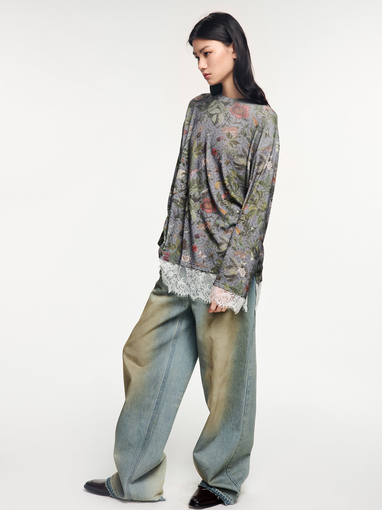 Magical garden lace-panel long-sleeve t-shirt