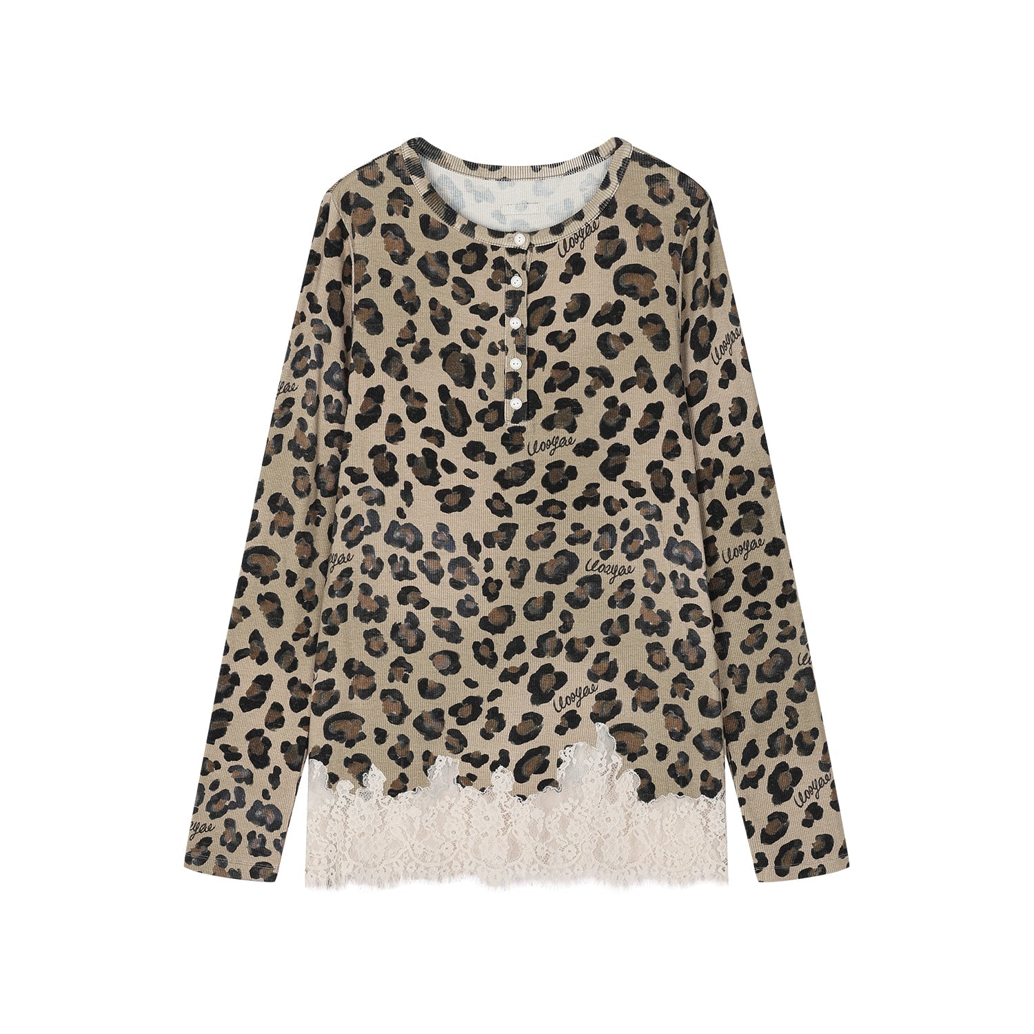 Leopard lace henley long sleeve t-shirt