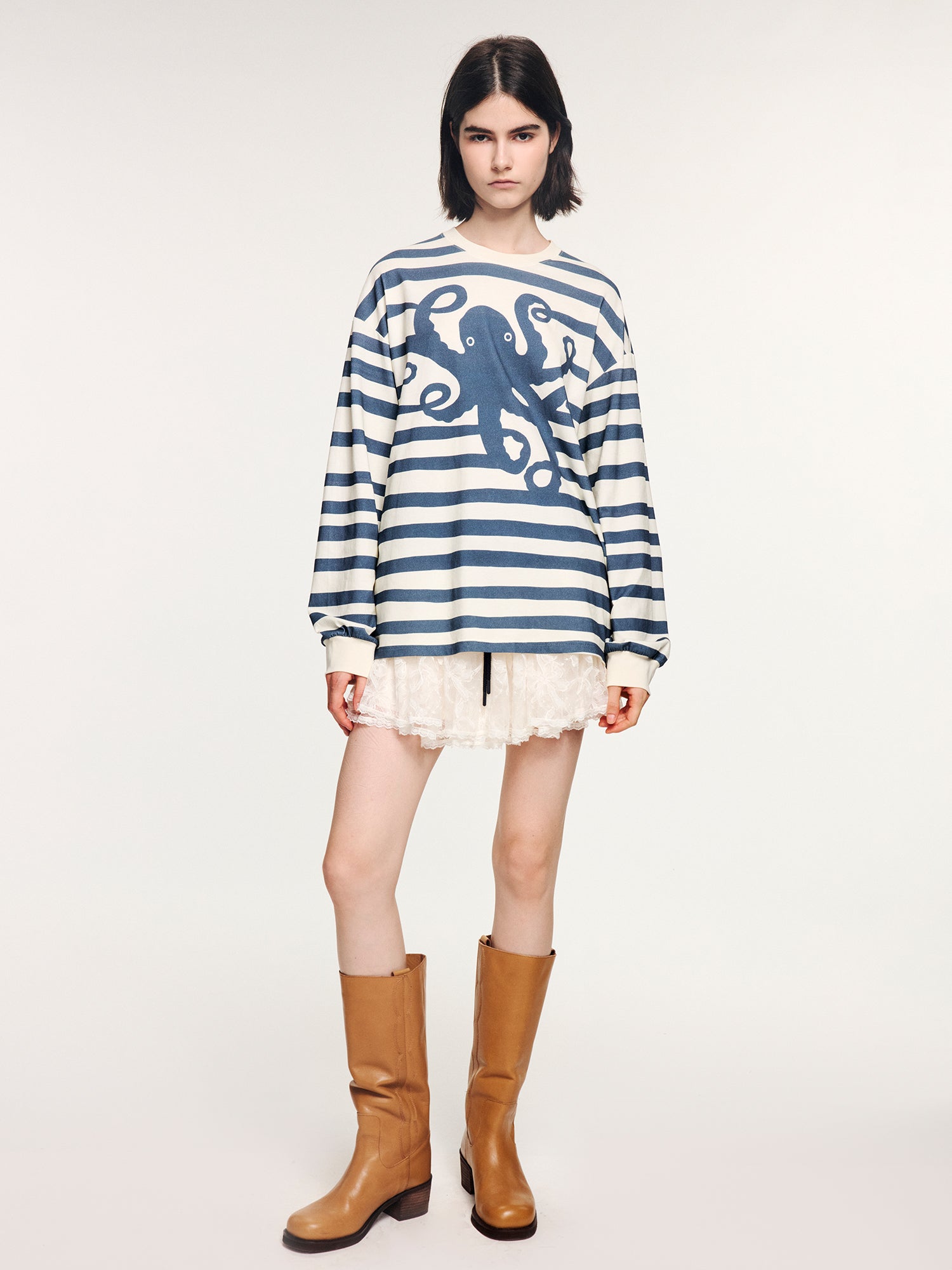 Striped long sleeve t-shirt with undersea octopus
