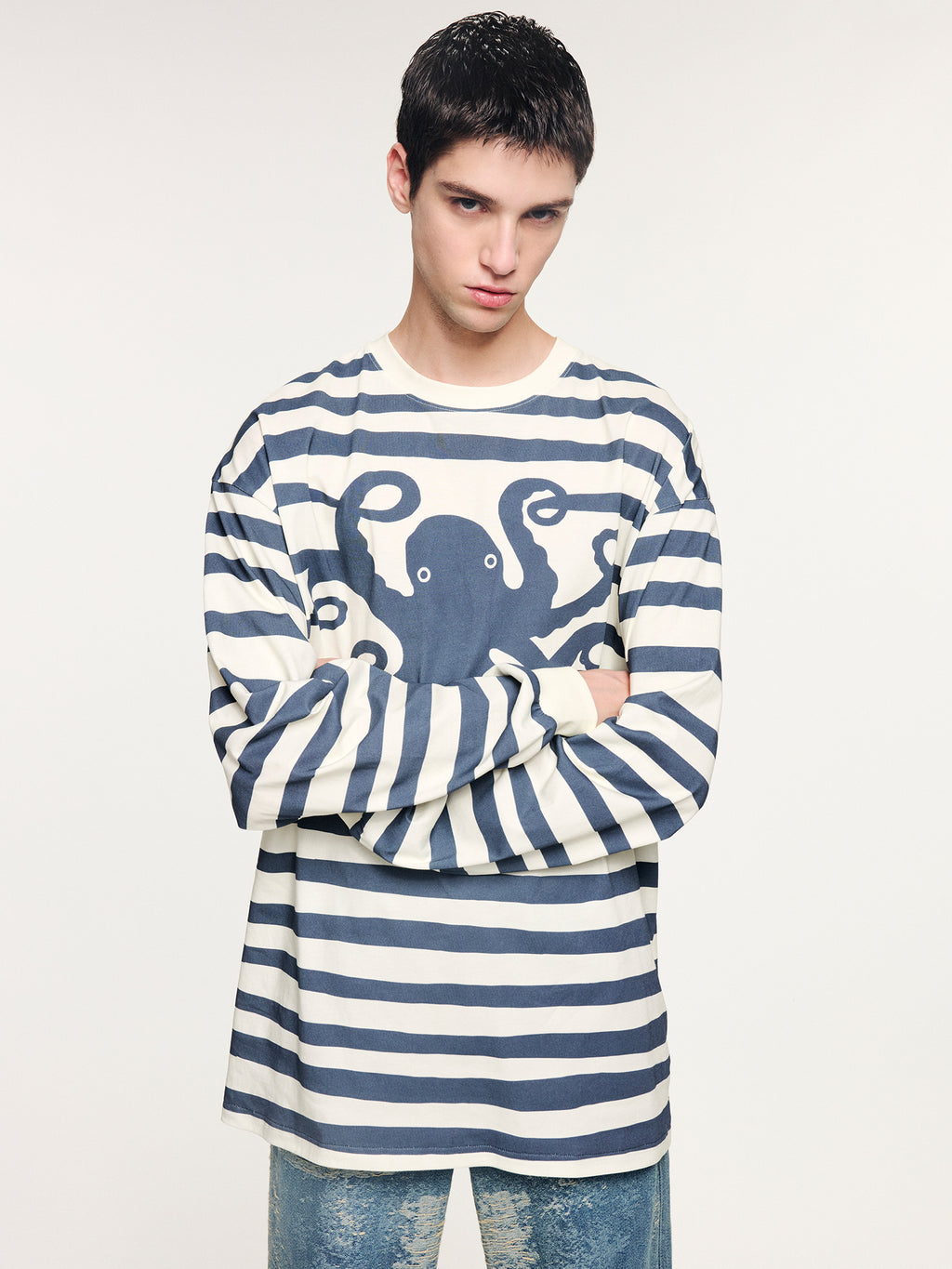 Striped long sleeve t-shirt with undersea octopus