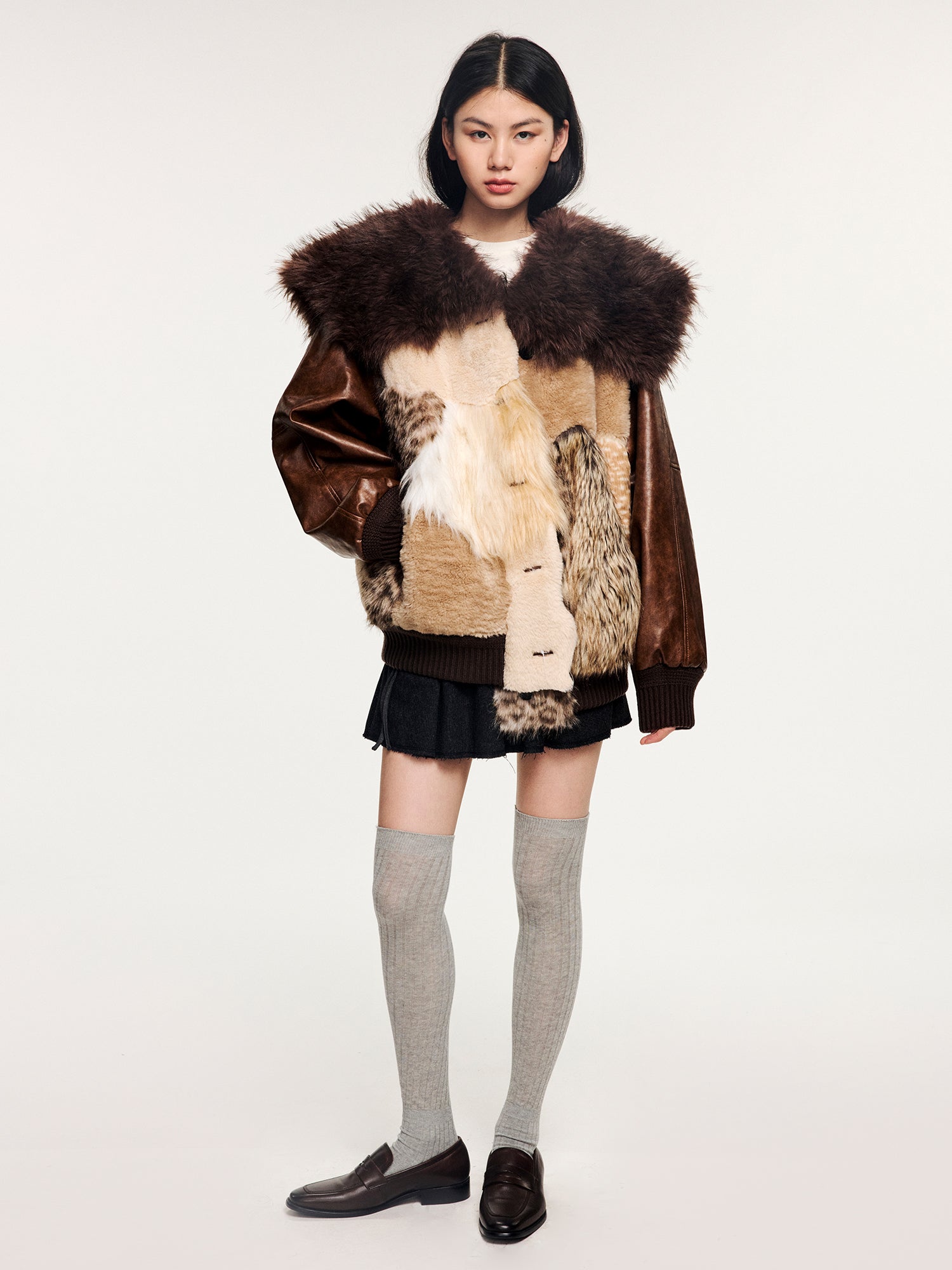 Irregular faux fur panelled baseball jacket with sailor collar