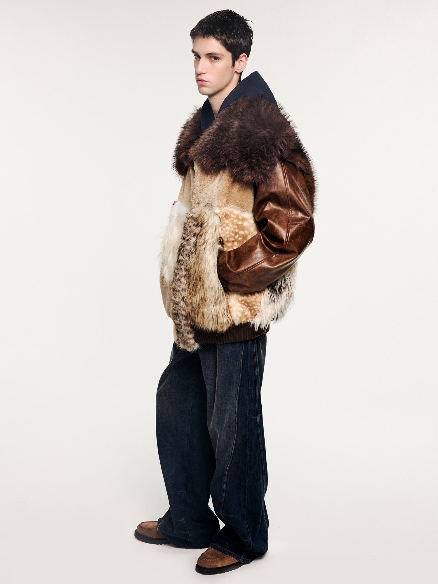 Irregular faux fur panelled baseball jacket with sailor collar