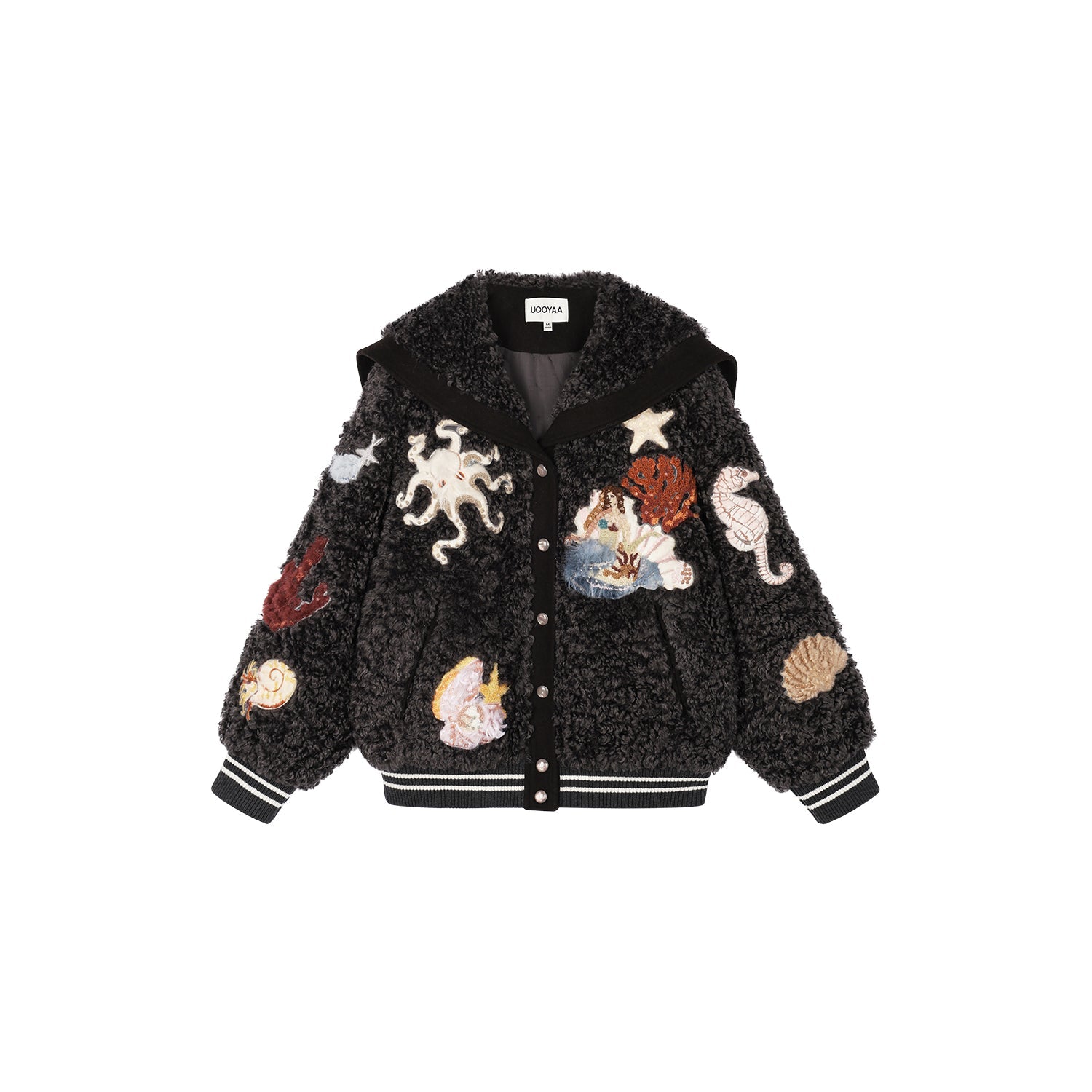 Sailor collar baseball jacket with fantasy appliqué
