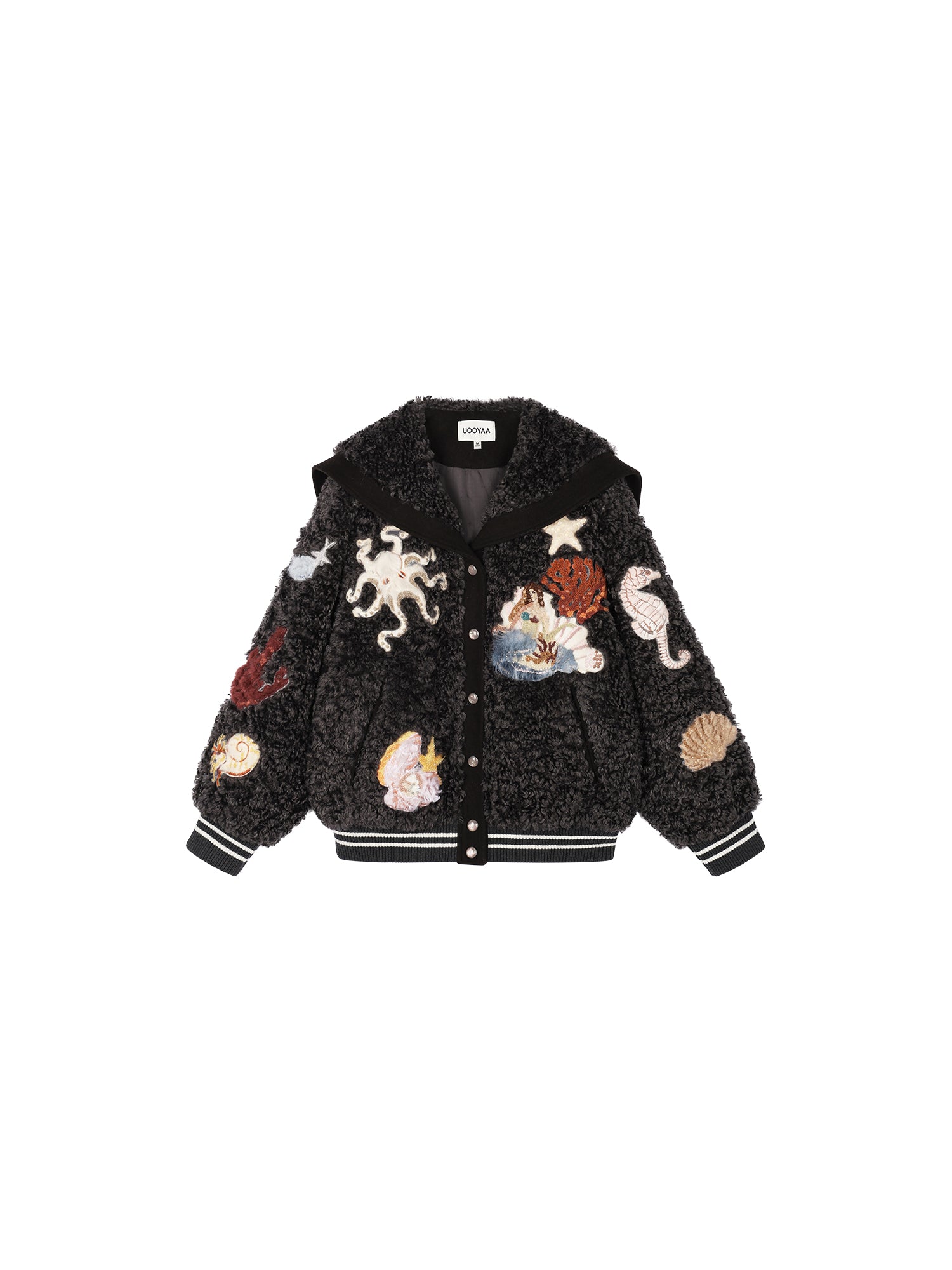 Sailor collar baseball jacket with fantasy appliqué