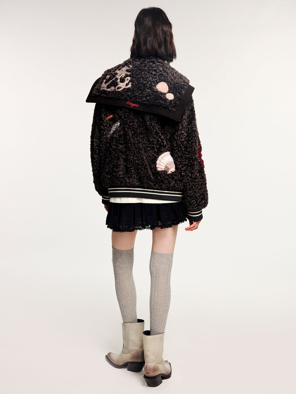 Sailor collar baseball jacket with fantasy appliqué