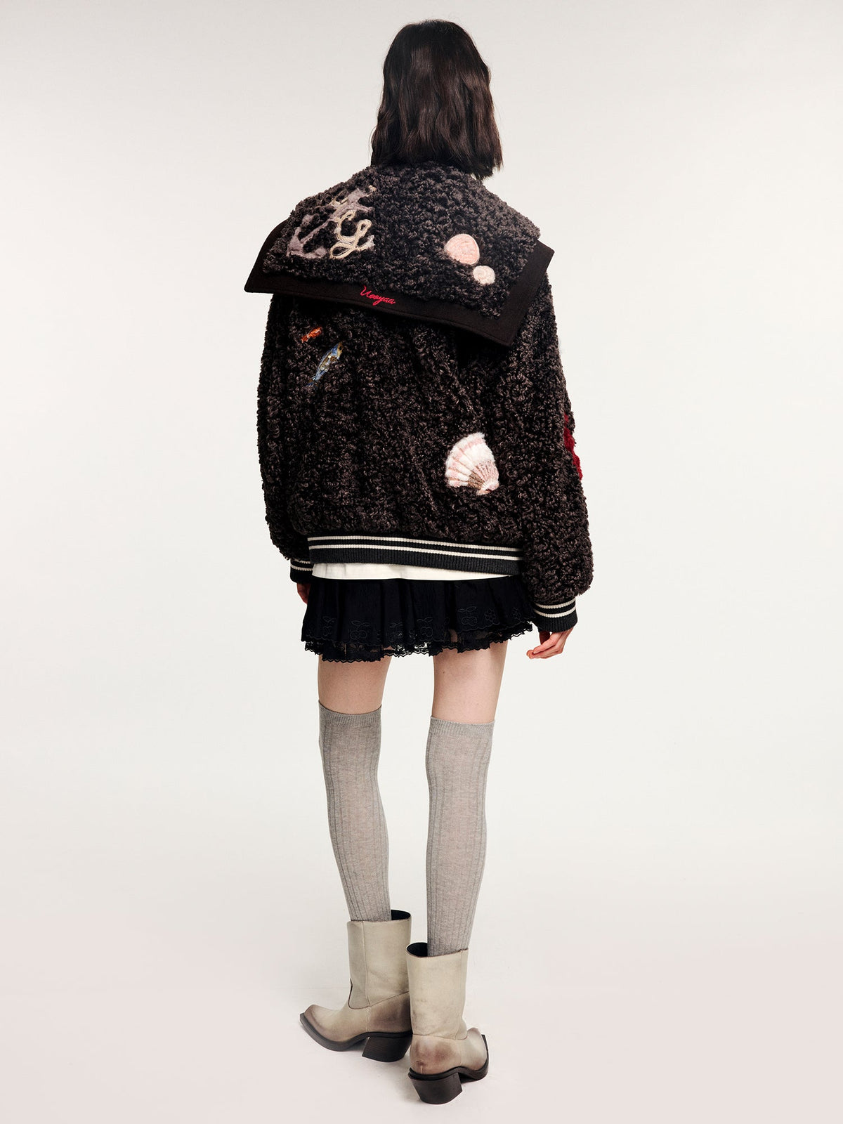 Sailor collar baseball jacket with fantasy appliqué