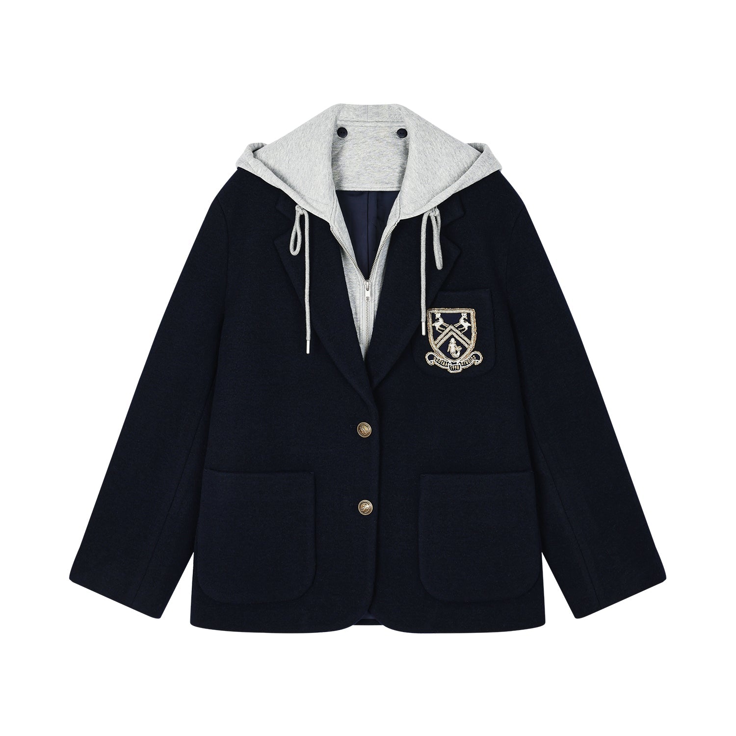 Hoodie-layered look wool blazer