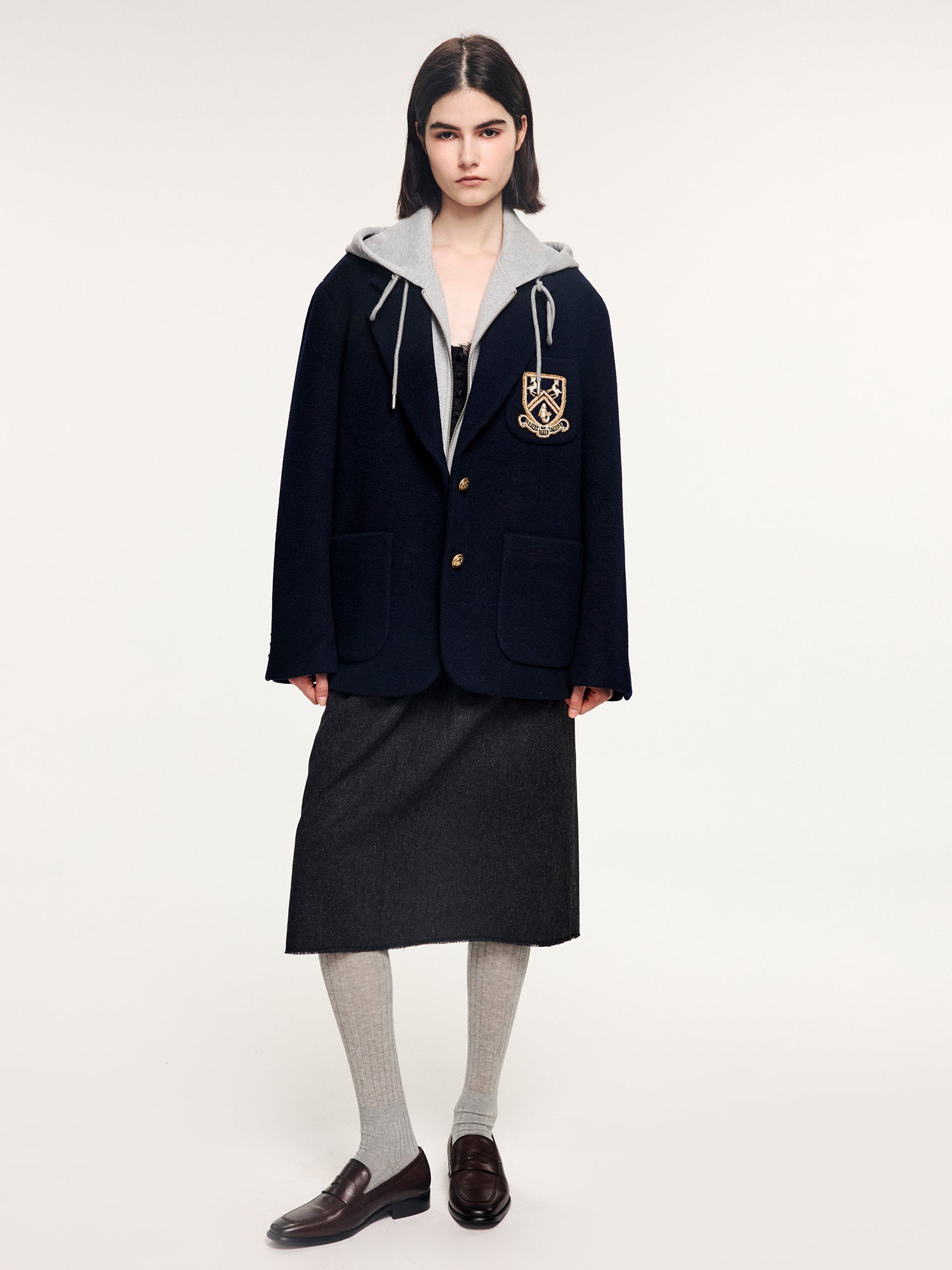 Hoodie-layered look wool blazer