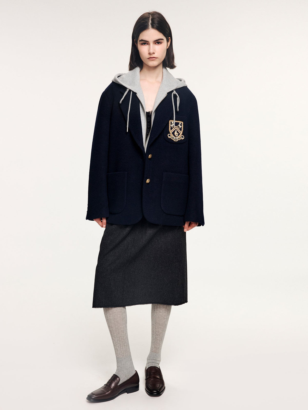 Hoodie-layered look wool blazer