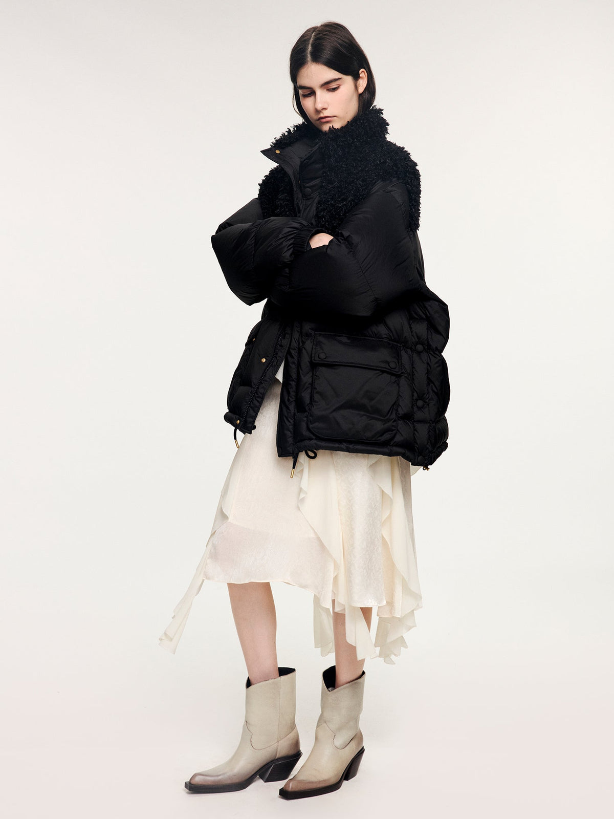 Fleece panel down jacket