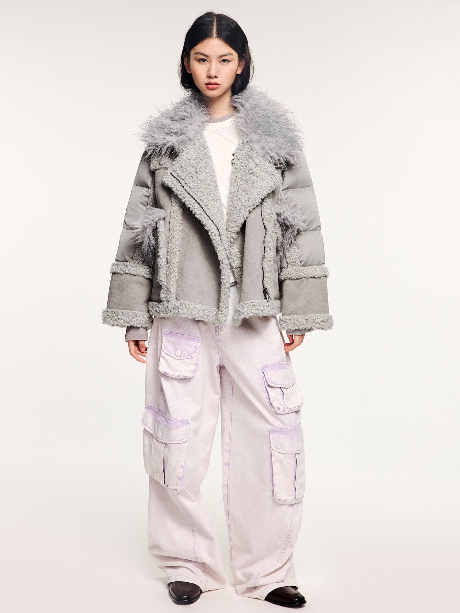 Faux fur panelled biker down jacket