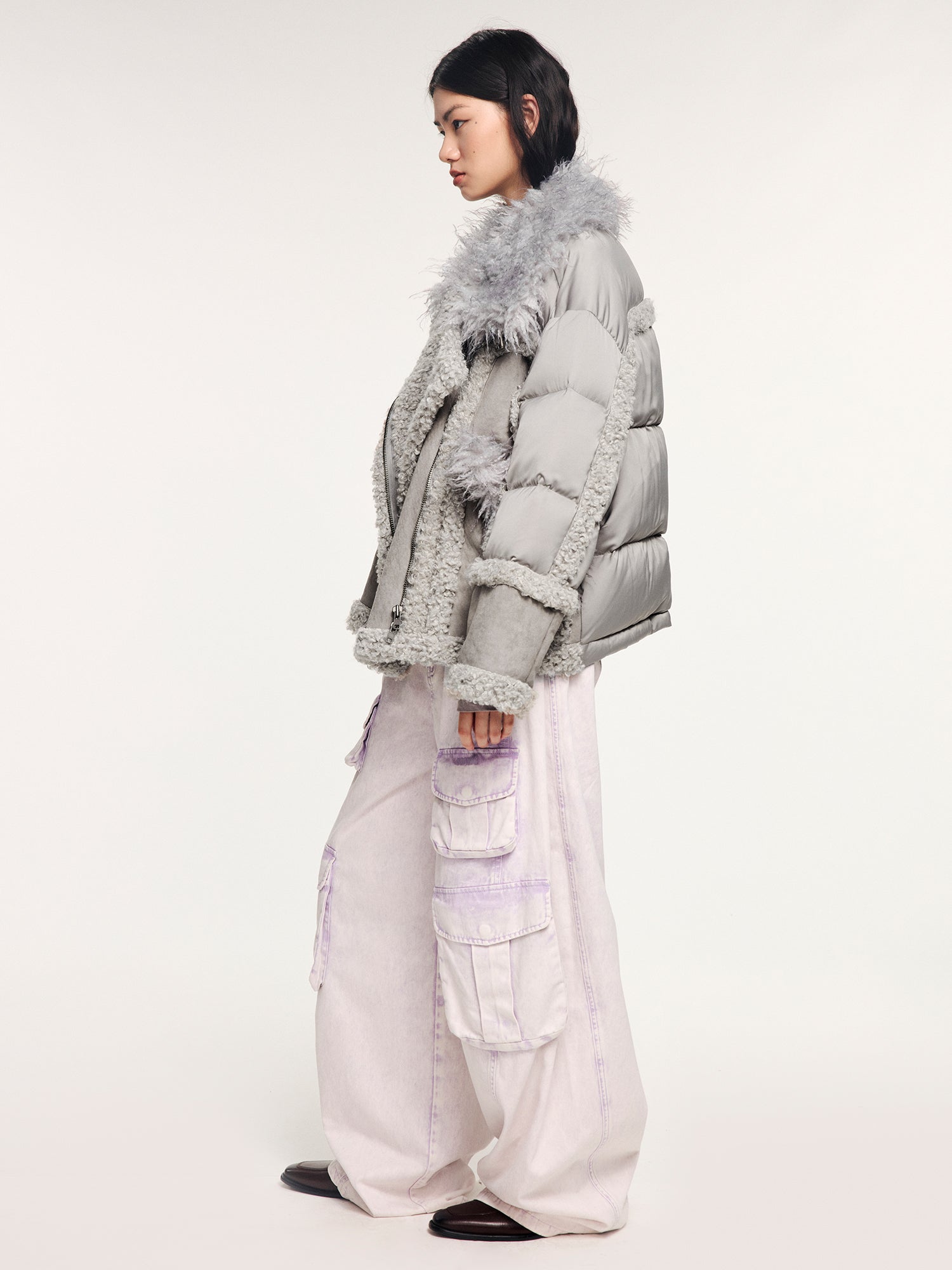 Faux fur panelled biker down jacket