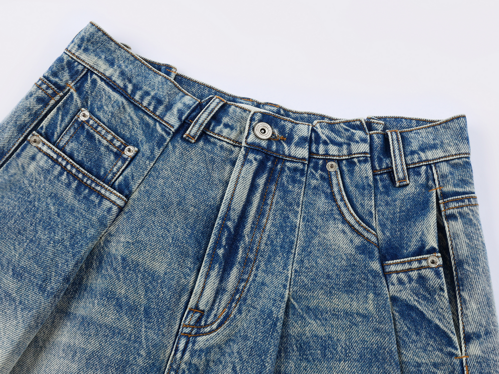 Irregular pleated denim skirt