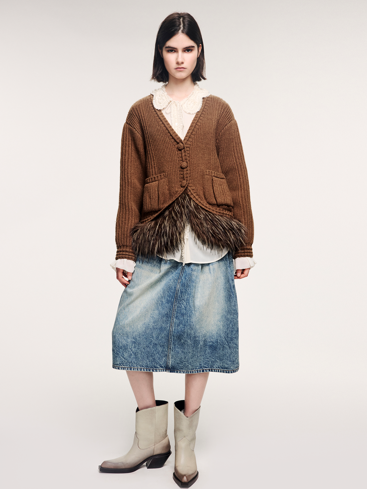 Irregular pleated denim skirt