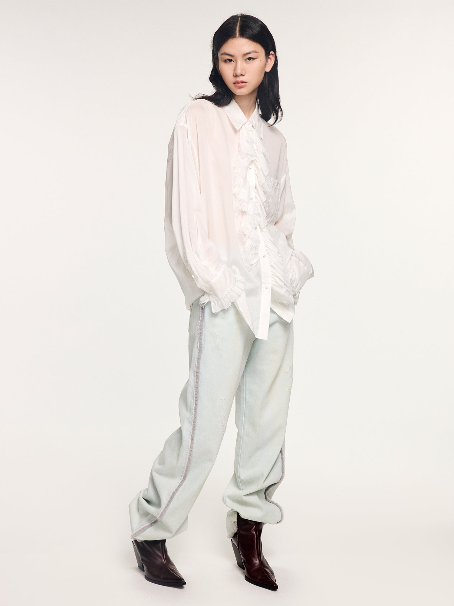 Denim pants with plush edging