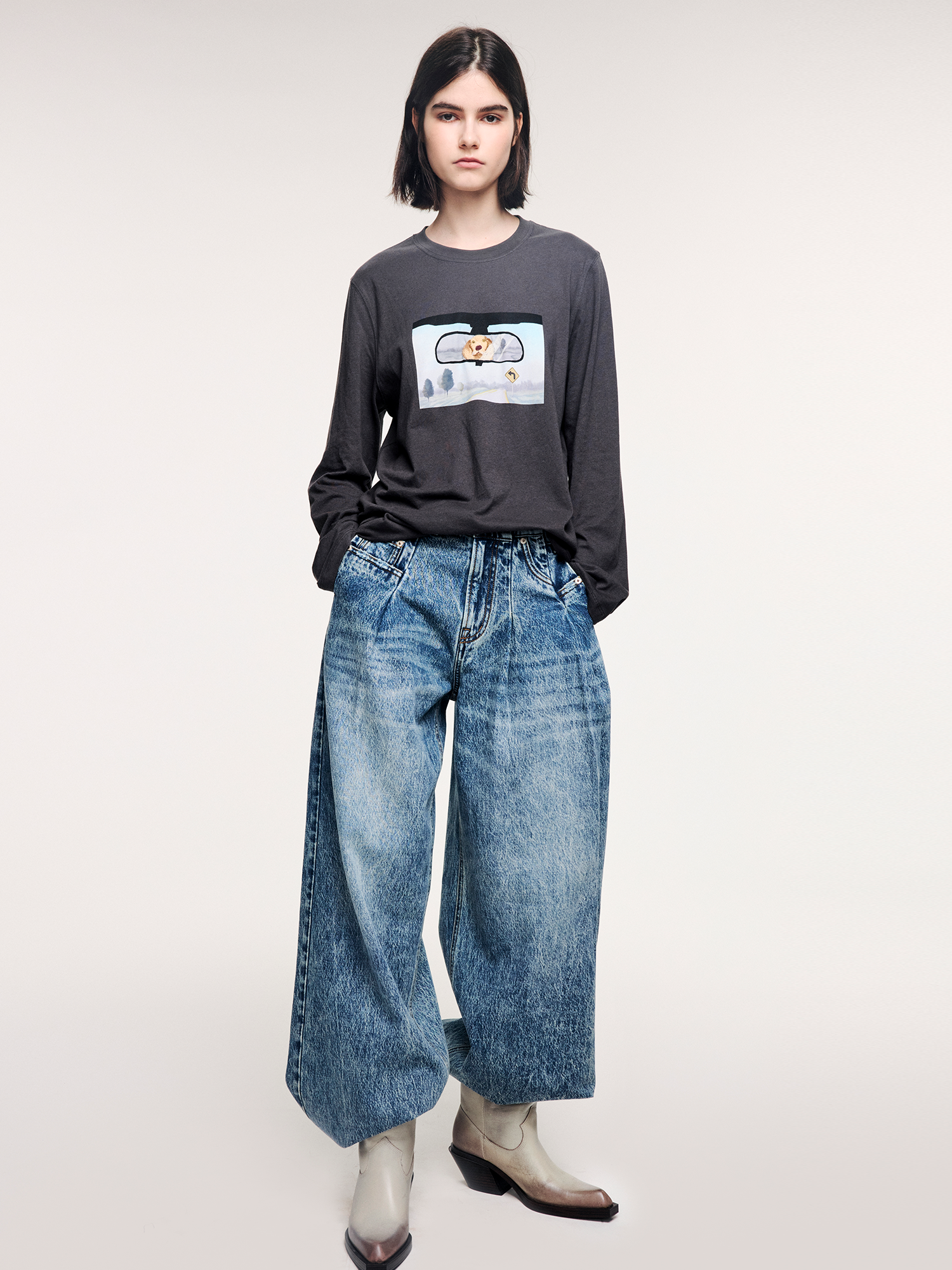 Irregular pleated denim pants