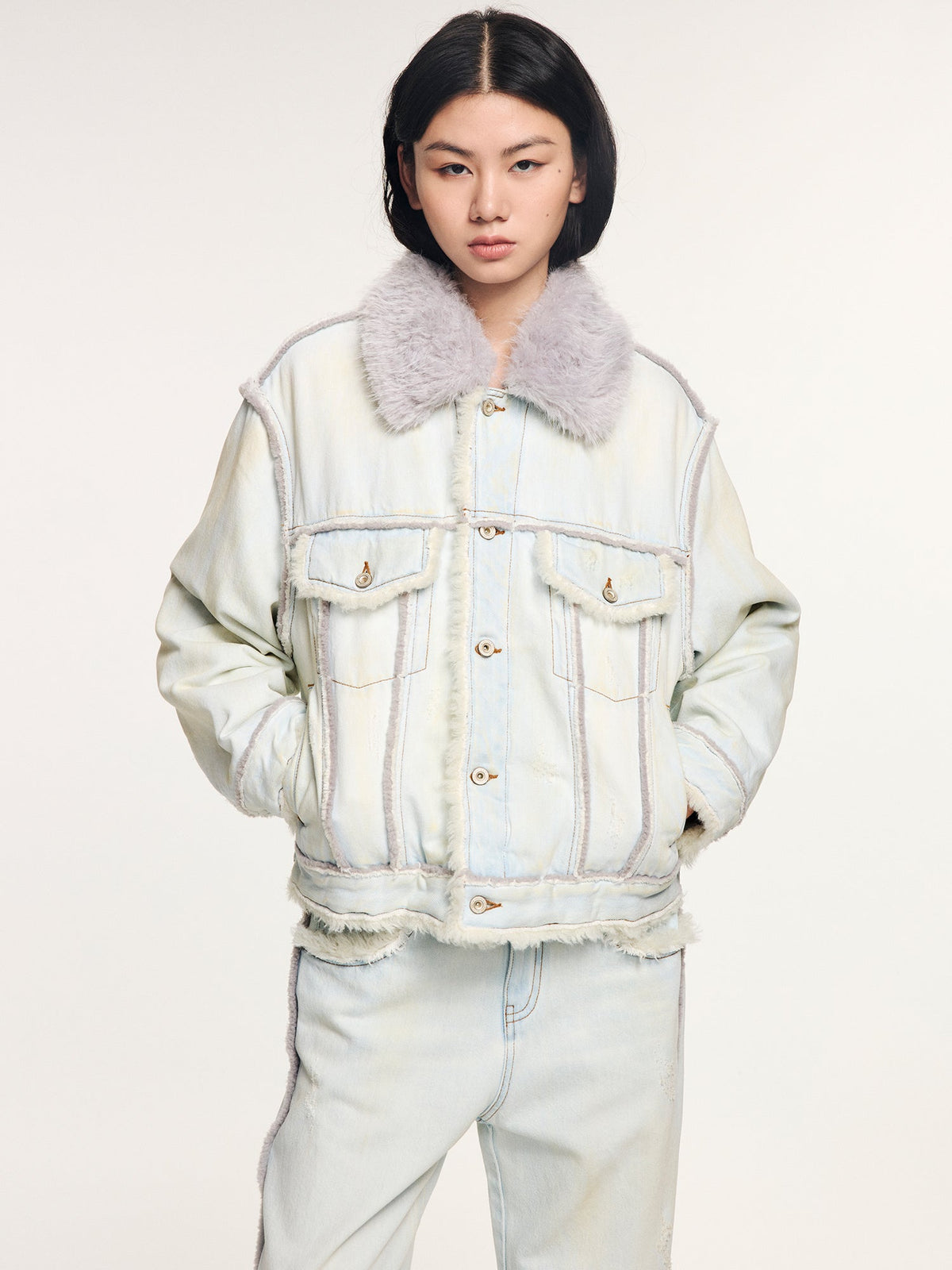 Faux fur panelled denim jacket