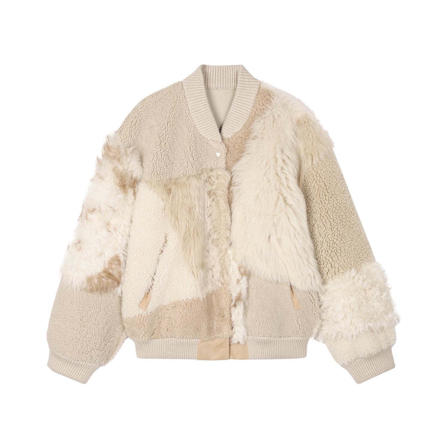 Reversible baseball jacket with shearling leather panels