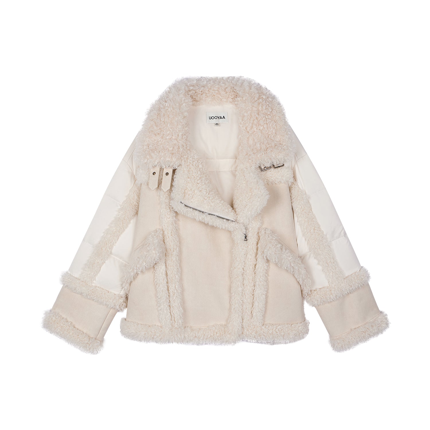 Faux fur panelled biker down jacket