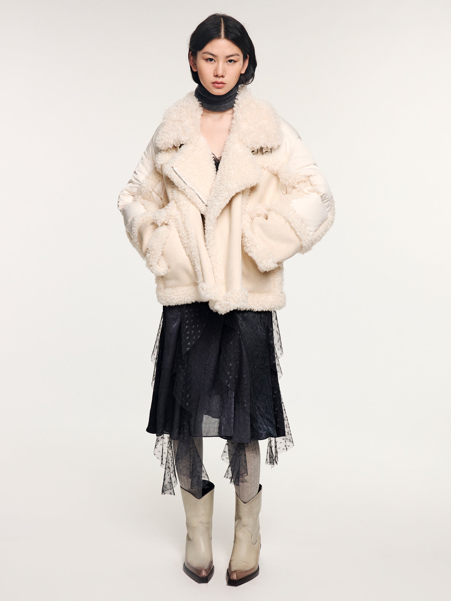 Faux fur panelled biker down jacket