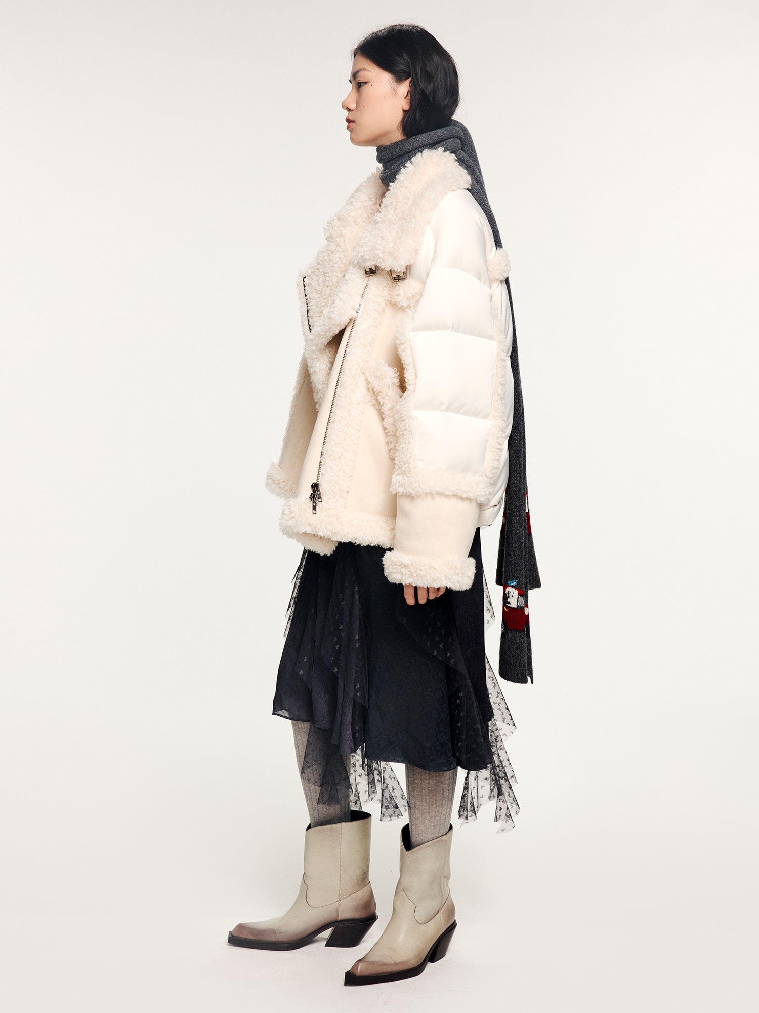 Faux fur panelled biker down jacket