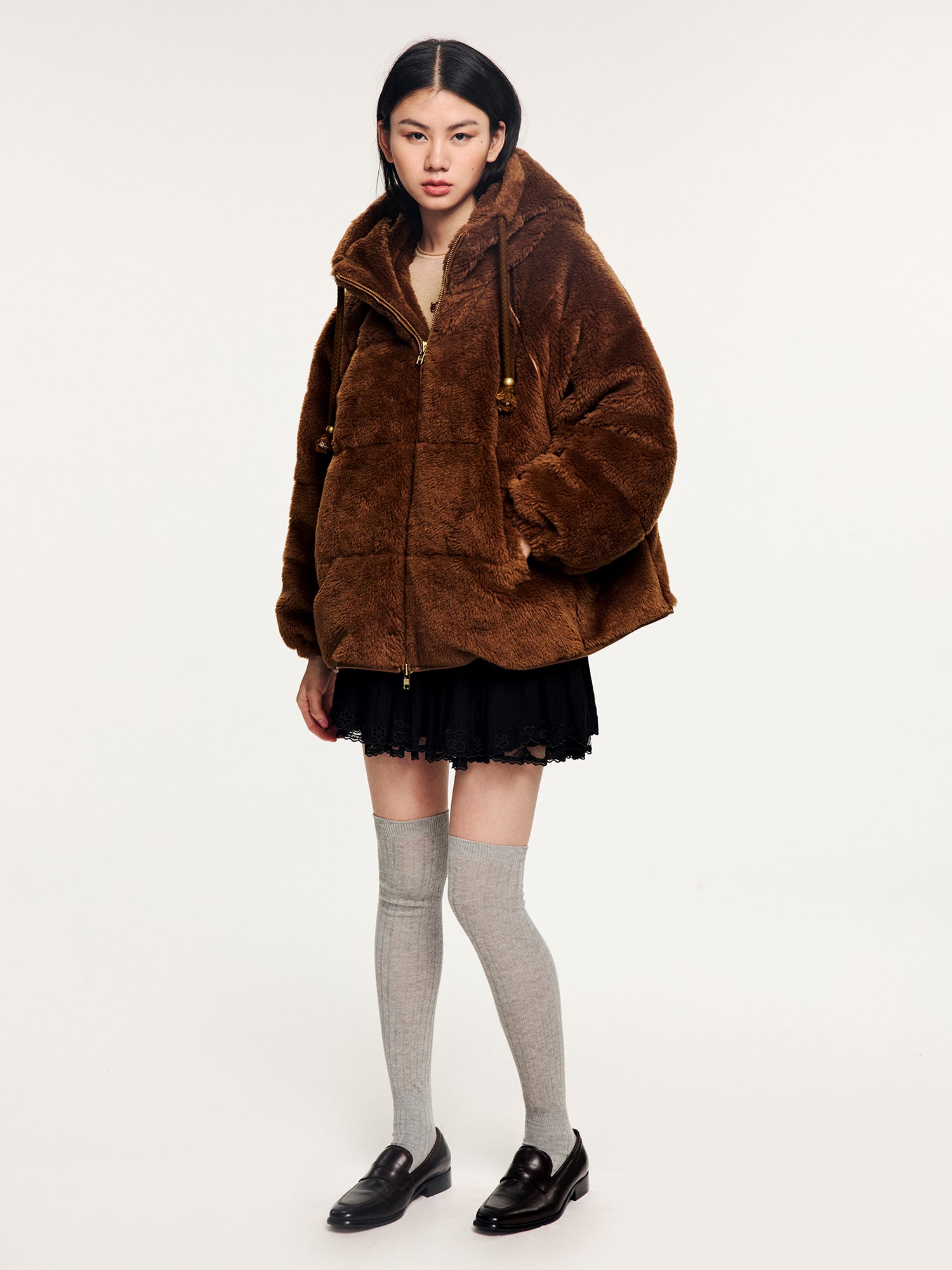 Plush hooded puffer jacket