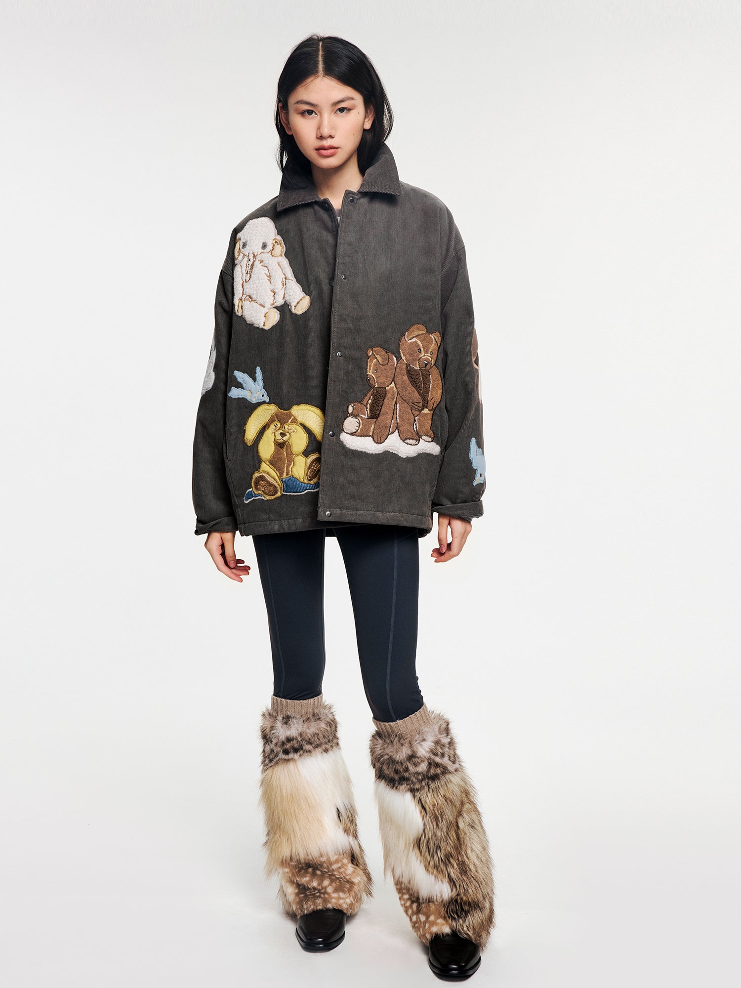 Yoga pants with faux fur sock-like cuffs