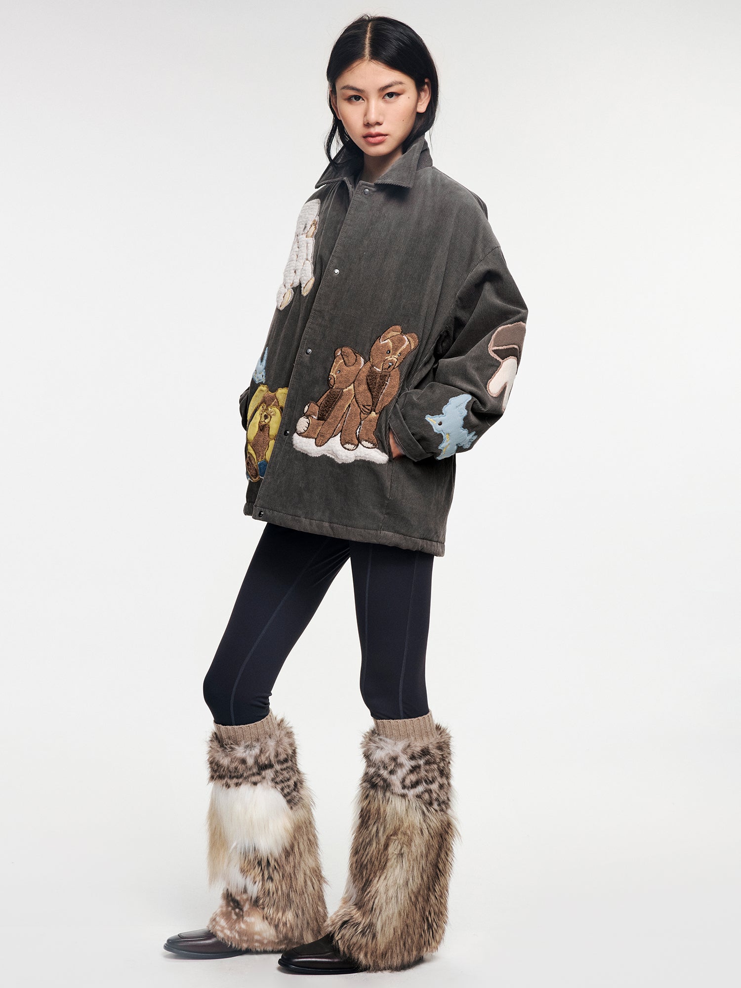 Yoga pants with faux fur sock-like cuffs