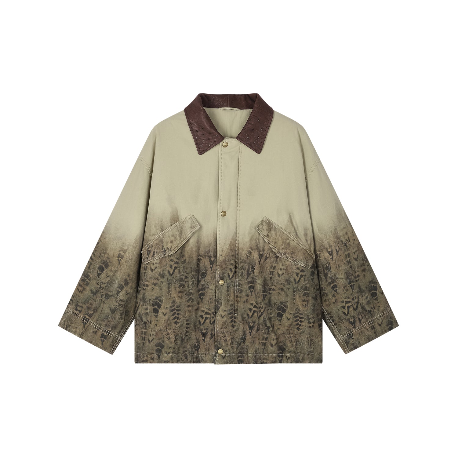 Feather denim padded jacket with ostrich leather collar