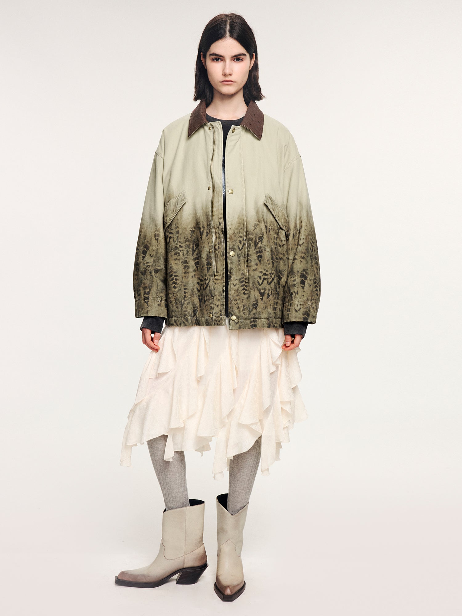 Feather denim padded jacket with ostrich leather collar