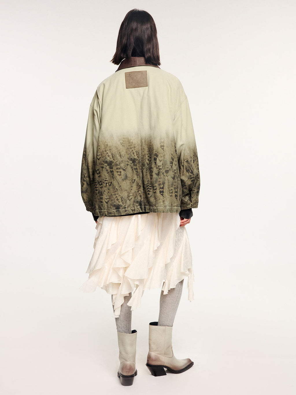 Feather denim padded jacket with ostrich leather collar