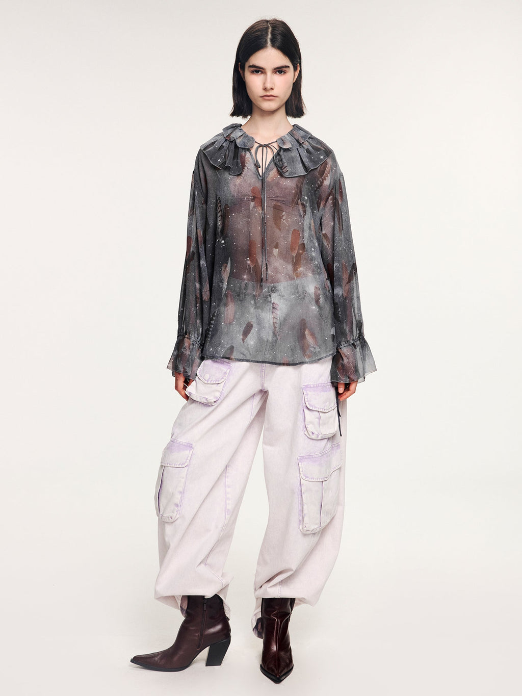 Feather ruffled collar shirt