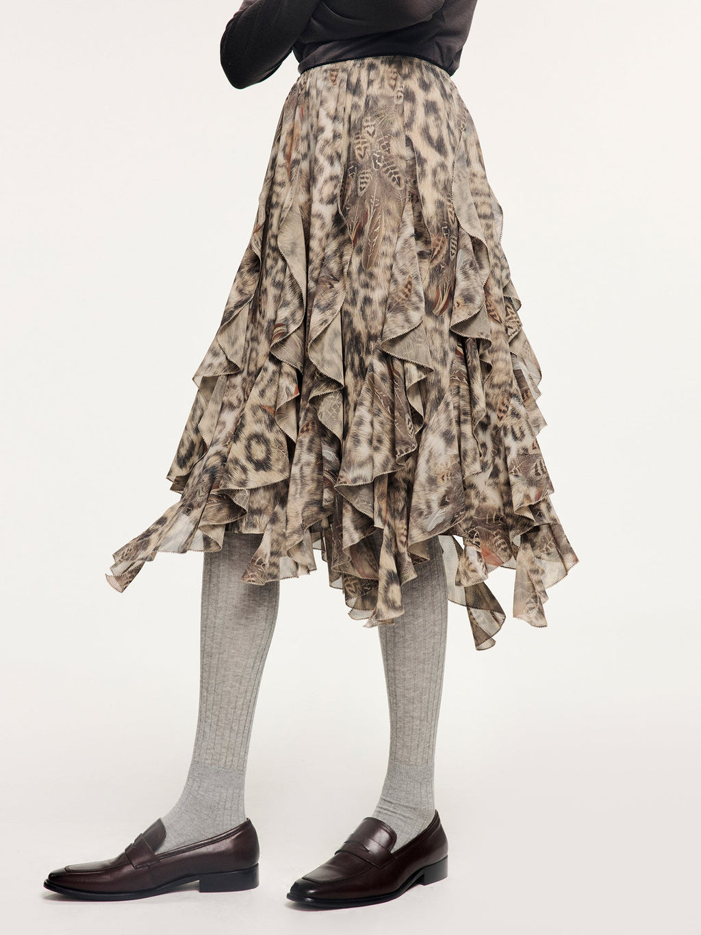 Feather & leopard ruffled hem skirt